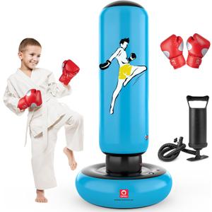 QPAU Kids Punching Bag Toy with Boxing Gloves, 66 Inch Larger Stable Kids Inflatable Boxing Bag Set, Gifts for Boys & Girls Age 6-12, for Practicing Karate, Taekwondo, MMA (Blue)