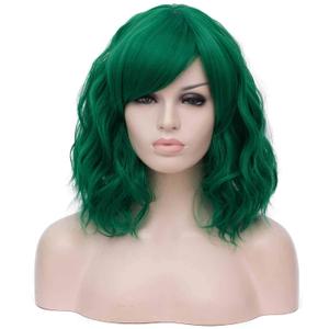 Mildiso Dark Green Wigs for Women - Short Curly Wavy Bob with Bangs, Green Wig with Cute Colorful Synthetic Hair for Daily & Party Use
