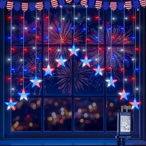 woohaha 4th of July Patriotic Star Icicle Lights, 118LED Red White and Blue Curtain Window Lights, 14.8FT Connectable Star String Light Plug in for Independence Day, Garden, Fourth of July Decorations