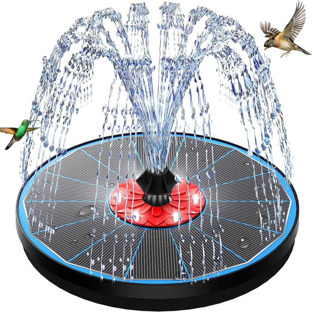 Solar Bird Bath Fountain,Upgrade 3.5W Glass Panel Solar Fountain with 2200mAh Backup Battery, White LED Lights, 8 Spray Modes, 4 Fixed Rods for Garden, Pond, Pool,Patio Outdoor Water Feature