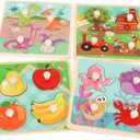 Wooden Peg Puzzles for Toddlers 1-3, Kids' Educational Preschool Peg Puzzle Toy, Set of 4 Toddler Puzzles - Farm, Dinosaur, Fruit and Marine Animals, Ideal Gift for Ages 1 2 3 Boys and Girls