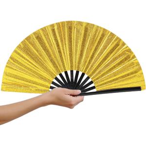 13" Glitter Large Clack Fan for Line Dancing & Rave, Foldable Hand Fan with Loud Popping Sound, Durable Iridescent Festival Accessories for Dance, EDM, Party, Cosplay (Gold)