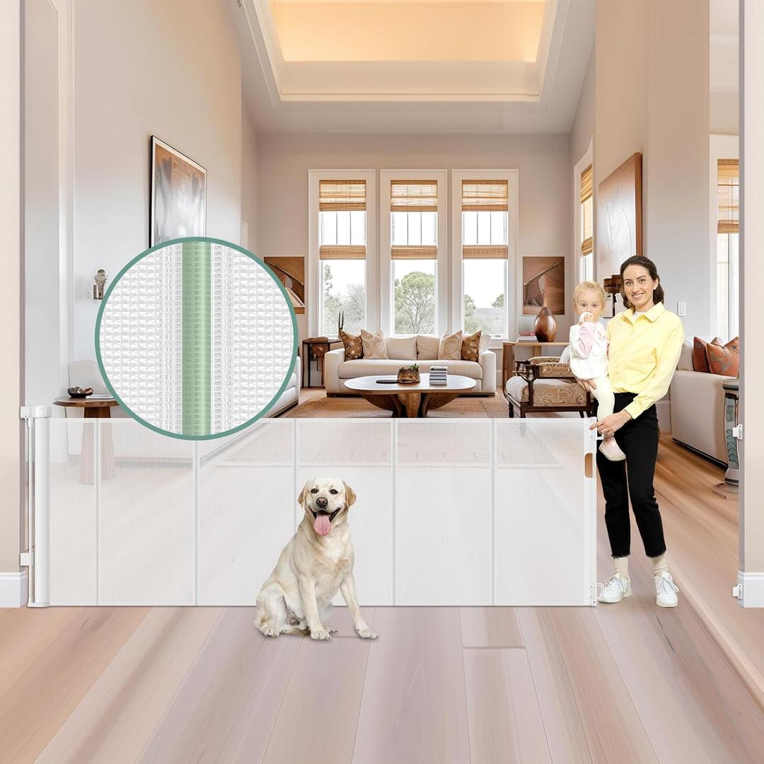 Reinforced 159 Inch Extra Wide Child Gates for wide Openings, Indoor/Outdoor Retractable Fence/Barrier/Blocker/Screen for Baby and Pet, Bottom Anti-crawl Extra Long Baby Gate for Large Openings, White
