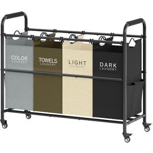 Tajsoon 4 Bag Laundry Sorter Cart, 4 Section Laundry Hamper Sorter with Heavy Duty Lockable Rolling Wheels, Laundry Separator Hamper with Removable Bags for Dirty Clothes Storage, 4 Colors (GreyGreenWhiteBlack)