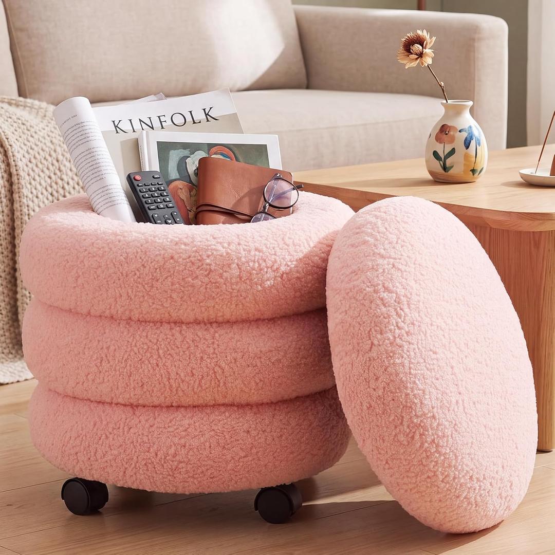 Lounsweer Pink Round Storage Ottoman with Swivel Wheels 14 x 16 Inch | Circle Vanity Stool with Storage, Modern Boucle Ottoman Stool, with Removable Lid for Dorm Home Bedroom Living Room, 18.3"D x 14.6"W x 14.2"H