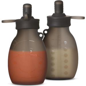 haakaa Hippo Wide Opening Silicone Goody Pouch 9oz/260ml Reusable Pouches for Toddlers, Reusable Baby Food Pouches with Wide Neck for Quick Filling & Cleaning, 2 Pack, (Grey)