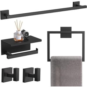 TQKAG 5-Pieces Matte Black Bathroom Hardware Accessories Set 23.6" SUS304 Stainless Steel Towel Bar Set Wall Mounted Square Toilet Paper Holder with Shelf