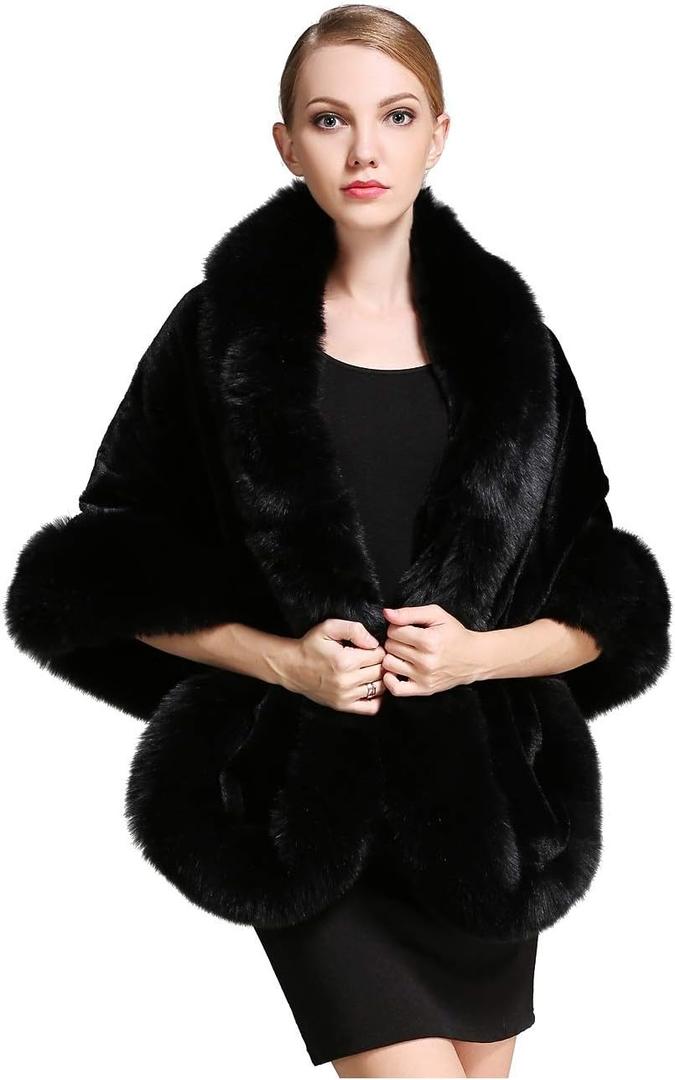 BEAUTELICATE Women's Faux Fur Shawl Wrap Stoles for Bridal Wedding Dresses (Black) One size
