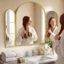 GLASHOM Trifold Vanity Mirror for Bathroom, 36x48 Inch Arched 3 Way Mirror with Gold Metal Frame, Tri fold Decorative Mirror Wall Mounted or Tabletop for Bedroom, Living Room, Makeup, Braiding Hair