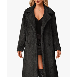 Angashion Women's Fuzzy Fleece Lapel Open Front Long Cardigan Coat Faux Fur Warm Winter Outwear Jackets M