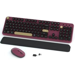 Wireless Keyboard and Mouse Combos, Retro Keyboard and Mouse Wireless Full Size, 2.4Ghz Connection and Optical Mouse for Windows, Mac, PC, Laptop for Home and Office (Burgundy-Black)