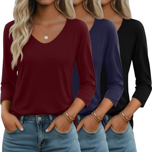 Huukeay 3 Pack Women's 3/4 Sleeve T-Shirts, V Neck Casual Tops Loose Fit Tunic Basic Tees 3/4 Length Sleeve Soft Blouses,M
