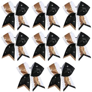 8PCS Glitter Cheer Bow Large Cheer Bows Rhinestones Hair Bows Girls 8"Cheerleading Bows Bulk Elastic Band Ponytail Holder for Teen Girls College Sports Competition (Glitter Black/Gold+Full Rhinestone)