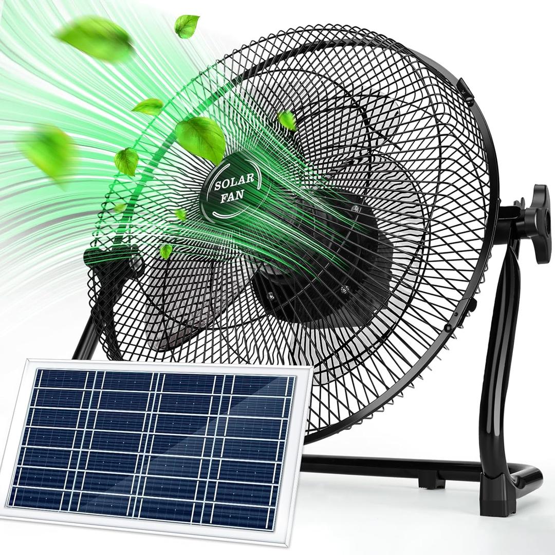 12'' Solar Powered Fan with 20W Solar Panel, Portable Battery Operated Cordless Outdoor Floor Fan for Camping, Home, Patio, Worksite - Stepless Speed, Metal Construction and Aluminum Blades