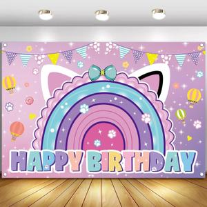 Cartoon Cat Theme Happy Birthday Photography Backdrop, 7x5ft Rainbow Background Photo Booth Banner Props for Kids Girls Boys Birthday Baby Shower Holiday Party Decorations Supplies