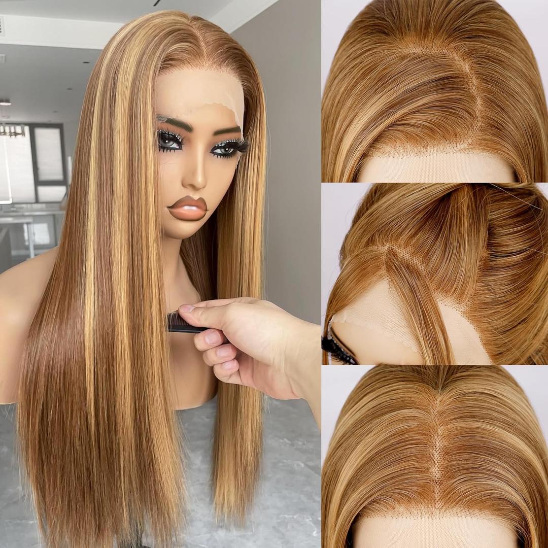 BLL Honey Blonde Wig, 13x4 Synthetic Lace Front Wigs Pre-Plucked Hd Lace Long Straight Sunkissed Highlights Glueless Wig For Black Women 26inch Suitable For Everyday Wear