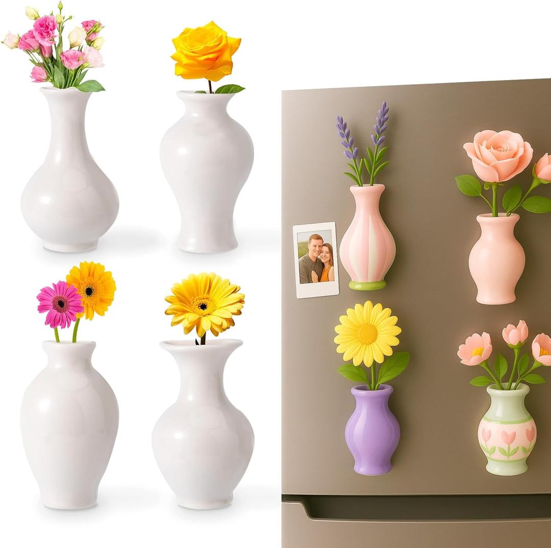 4pcs Ceramic Vase Fridge Magnets, Decorative Tiny 3D Plant Magnets Cute Refrigerator Decoration for Kitchen Office Locker (White)