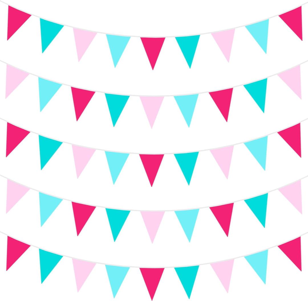 40Ft Teal Hot Pink Fabric Bunting Banner Pennant Hanging Party Decorations Triangle Flag Garland for Girls Women Spa Makeup Flamingo Summer Theme Gender Reveal Birthday Wedding Baby Shower Decor