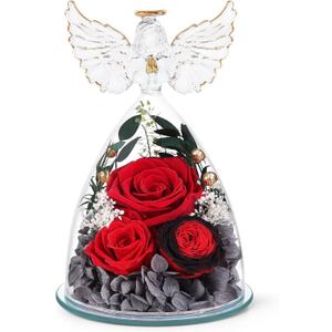 FIACO Gifts for Women Preserved Rose Forever Flower in Glass Angel Figurine Fresh Flowers for Delivery Mothers Day Birthday Gifts for Mom Grandma Wife Sister Red (S Red Roses, Austin, Baby's Breath, Hydrangeas)
