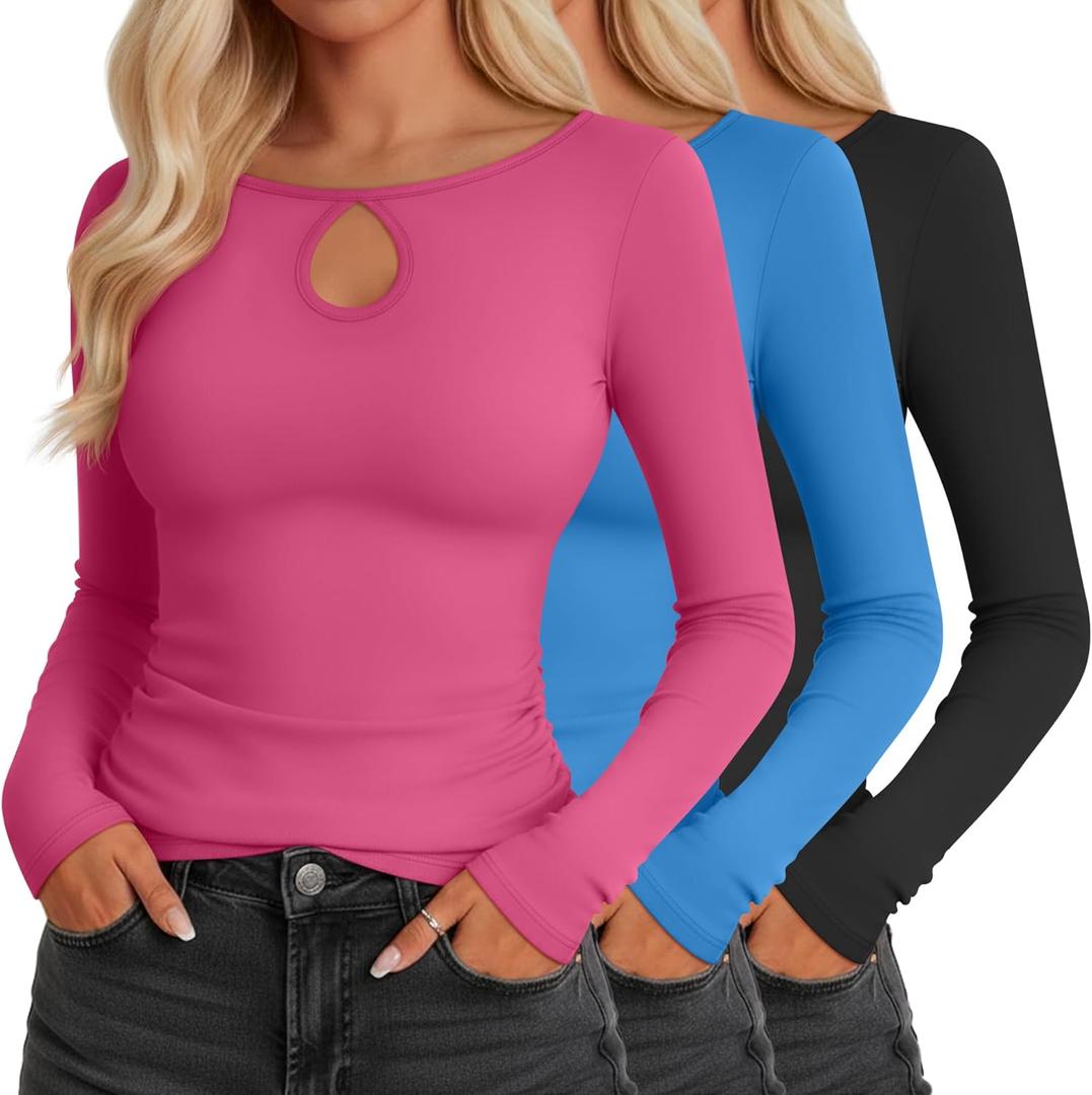 3 Pack Women's Long Sleeve Cutout Neck Keyhole Knit Shirts Slim Fit Stretchy Going Out Y2k Tops with Side Ruched (Large, Black, Royal Blue, Light Pink)