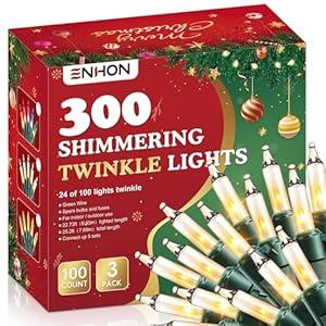 Enhon 3 Pack Twinkling Christmas Lights, 76.2 FT 72 of 300 Random Twinkle Bulbs, Christmas String Lights Connect up to 5 Set, Waterproof Outdoor Indoor Decorations (White)