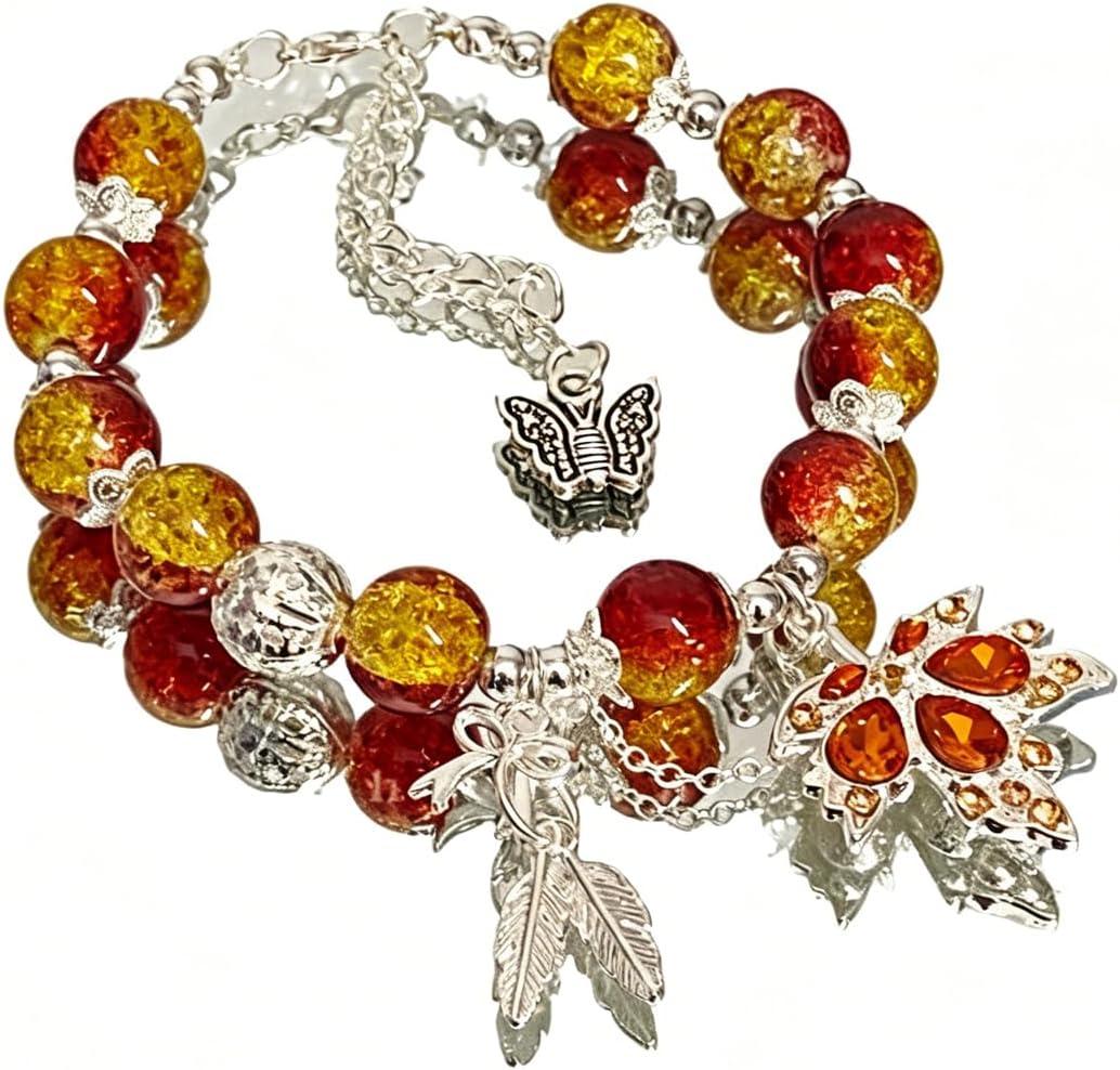 WETMT Maple Bracelet for Women Red Beaded Maple Leaf Bracelet Thanksgiving Maples Fall Charm Bracelet Red Crystal Maples Leaf Strand Bracelet Autumn Party Jewelry