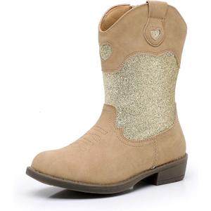 Ahannie Girls Cowboy Boots Western Cowgirl Boots for Girls with Side Zipper Boot for Toddler/Little Kid/Big Kid (Khaki/Glitter) 11