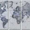 5 Pieces Vintage World Map Canvas Prints Push Pin Wall Art Decor Trace Travel Marks The Map of The World Antique Framed Picture for Living Room Office 16x40inx5