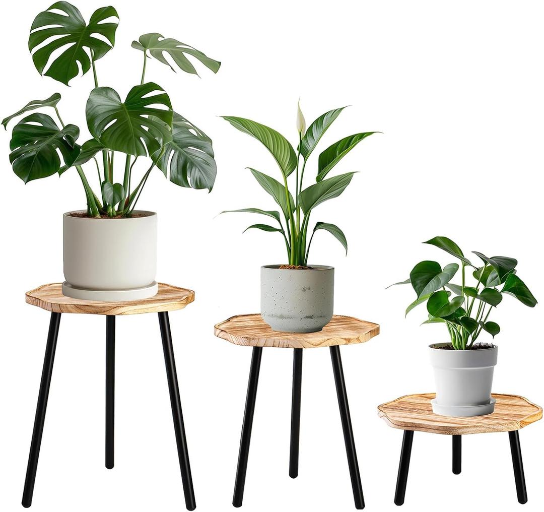 Frcctre 3 Pack Indoor Plant Stand, Wooden Mid Century Plant Stand Tall Plant Table Plant Holder Plant Riser for Flower Pots, Modern Home Decor Octagonal Shape Small Side End Table