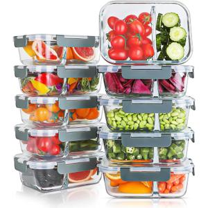 KOMUEE 10 Packs 30oz Glass Meal Prep Containers 2 Compartments,Glass Food Storage Containers with Lids,Airtight Lunch Bento Boxes,Microwave,Oven,Freezer and Dishwasher Safe (Gray)