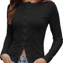 Women’s Ribbed Long Sleeve Tops Button Down Open Front Fall Going Out Button Up Slim Fit Casual Tops (Black, L)