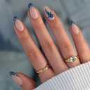 Summer Press on Nails Almond Cute Fake Nails - Navy Blue French Tip False Nails, Nude Stick on Nails with Whale Shark Design, Ocean Beach Glue on Nails for Women Manicure 12 Sizes - 24 Pcs