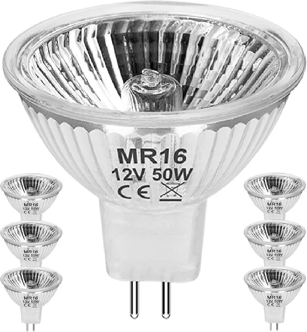MR16 12V 50W Halogen Light Bulbs 2 Pin, 6 Pack MR16 Halogen Bulb 50W GU5.3 Base Dimmable Indoor Outdoor Flood Halogen Small Light Bulb 2800K Warm White for Landscape, Track Lights