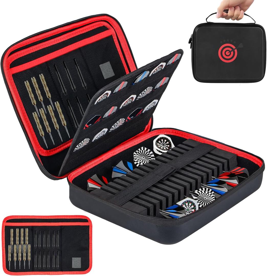 XXL Large EVA Hard Shell Dart Case for 15Darts, 30 Flights, Shafts & Accessories with Carry Handle, Darts Case with Soft Pad & Mesh Bag for Steel or Soft Tips, Dart Bag Bar Game, Travel -Red