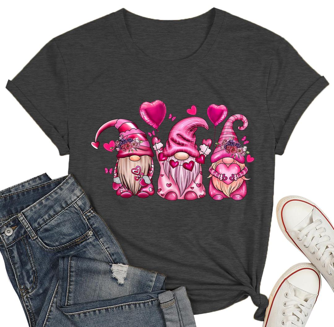 Valentine's Day Shirt Womens Cute Graphic T-Shirts Funny Love Heart Print Short Sleeve Romantic Tops, M, Grey