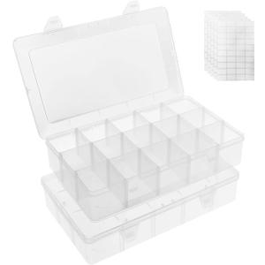 2 Pack 15 Grids Clear Plastic Organizer Box with Adjustable Dividers, Craft Storage Containers for Jewelry, Beads, Screws, Tackle Box, Washi Tapes, Small Parts Organizer for Arts and Crafts