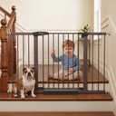 Mumeasy 29.751 Inch Extra Wide Baby Gate for Stairs, Extra Long Indoor Dog Gate for Doorways, Pressure Mounted Walk Thru Child Gate with Auto-Close, No-Drill Safety Pet Gate with Door for House,Brown