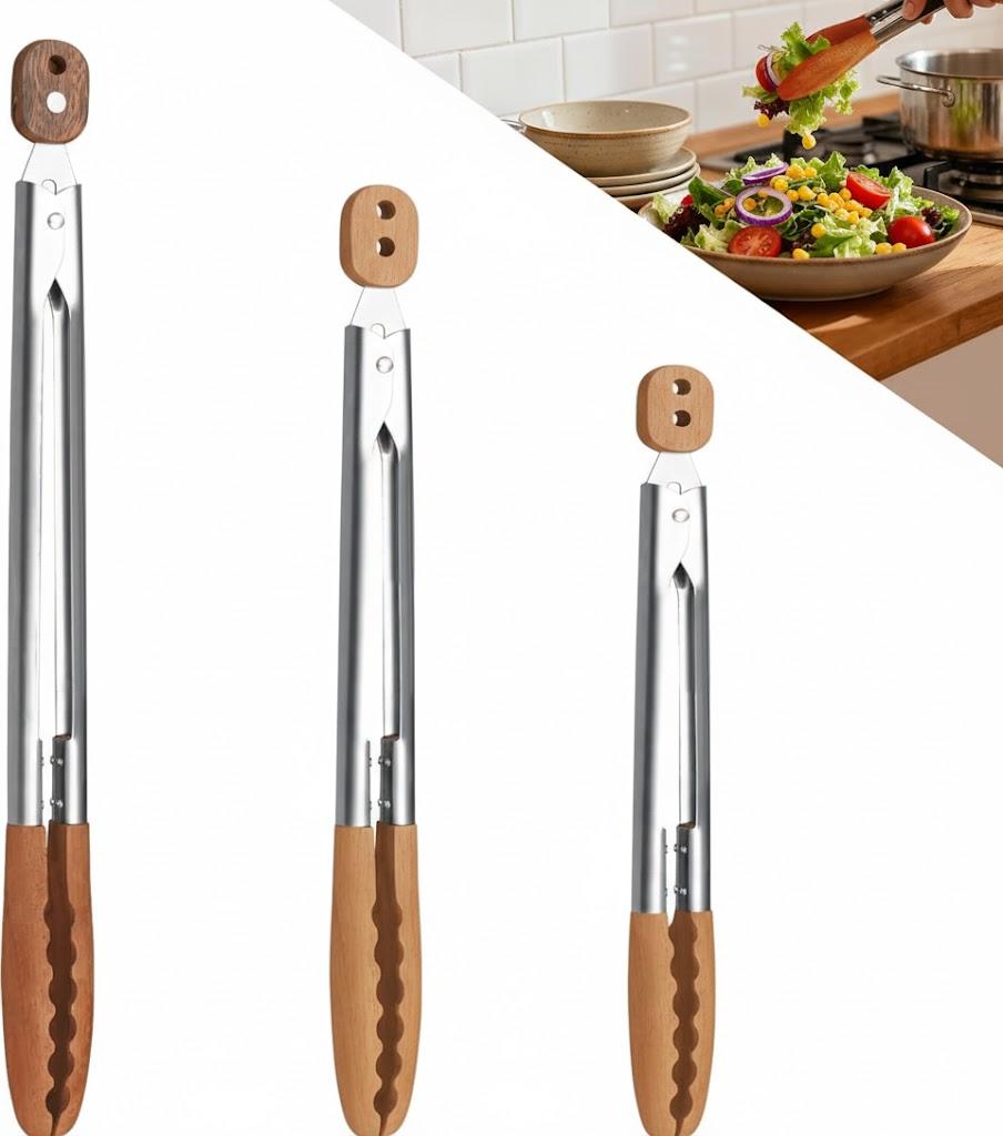 3 Pack Wooden Tongs for Cooking (9", 12", 16")  Locking Wooden Tongs with Non-Slip Handles & Hanging Hole, Wood Tip Serving Tongs for BBQ, Salad & Grilling (9+12+16 Inch)