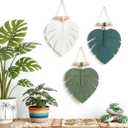 Hoteam 3 Pcs Tropical Wall Decor Jungle Monstera Macrame Wall Hanging Bohemian White Green Palm Leaf Woven Tapestry Wooden Bead Hanging Ornament for Nursery Bedroom Living Room Apartment Home Backdrop, 9.8 x 6 inches
