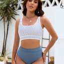 BMJL Women's High Waisted Bikini Sets Sporty Two Piece Swimsuits Color Block Cheeky High Cut Bathing Suits(M,Blue Striped)