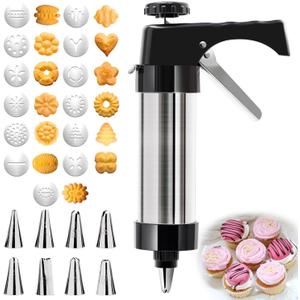 Quimoy Stainless Steel Cookies Press, Cookie Press Gun Kit with 13 Cookie Discs and 8 Piping Tips, Cookies Baking Gadgets for Christmas Baking & Cake(Comes with Cleaning Brush)