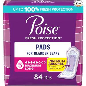 Poise Incontinence & Postpartum Pads for Bladder Leaks, 5 Drop Maximum Absorbency, Maximum Long, 84 Count