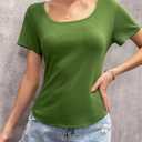 Womens T Shirt Short Sleeve Tshirt Ribbed Basic Tops Tee (Green, L)