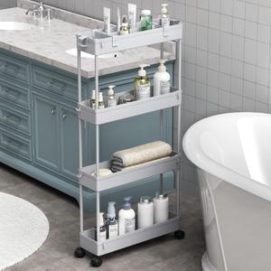SPACELEAD Slim Storage Cart 4 Tier,Bathroom Organizer Rolling Utility,Mobile Shelving Unit Slide Out for Office, Kitchen, Laundry Room & Narrow Places,Gray (Grey)