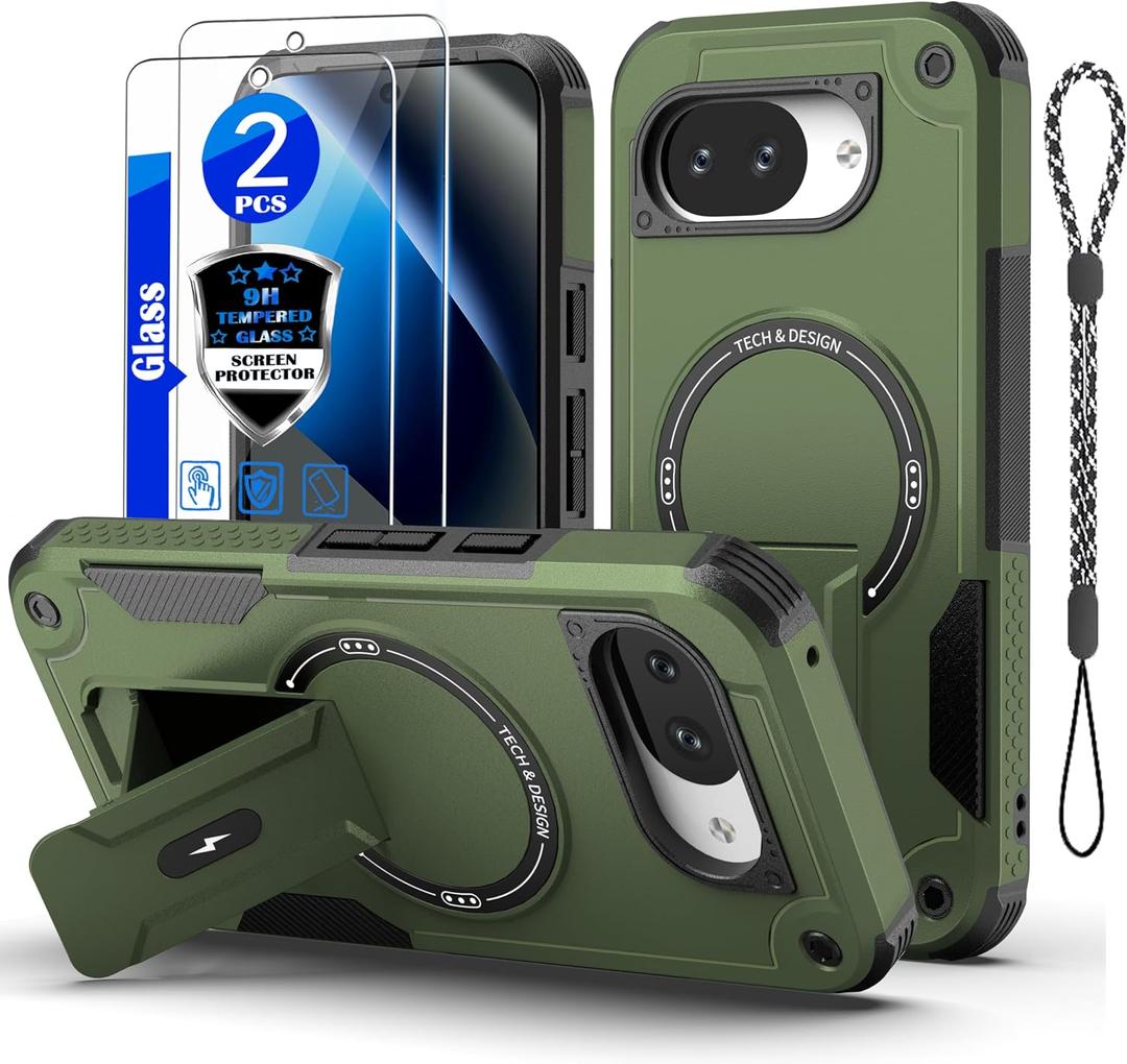 Google Pixel 10a case[Compatible with MagSafe][with (2 Pack) Tempered Glass Screen Protector][Built in Invisible Stand]Not Fadingmilitary-grade Shockproof Protective Phone Cover 6.3-inch(Green)