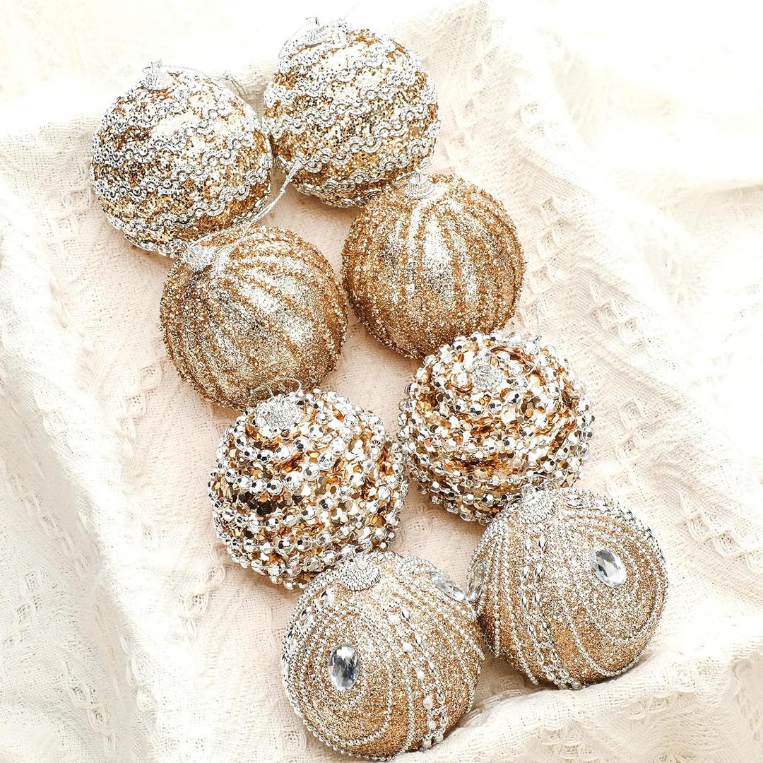 8 Pcs Champagne Christmas Ball Ornaments 3.15 Inch Glitter Pearl Champagne Gold Christmas Tree Decorations Shatterproof Glitter Xmas Baubles Neutral Ornaments for Xmas Tree Home Decor