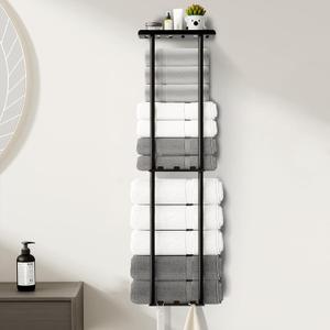Towel Racks for Bathroom, 36.6 inch Metal Towel Storage, 8 Large Bath Towels Capacity, 3-Tier Towel Holder for Bathroom, with Shelf & 6 Hooks, Wall Mounted Towel Rack for Rolled Towels, Black, 36.6 in-Large / 3Tier
