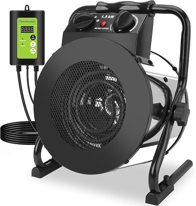 Greenhouse Heater with Thermostat, 1500W Outdoor Heaters for Patio, Fast Heating, Overheat Protection, Electric Space Heaters for Greenhouse, Grow Tent, Patio, Garage, Indoor（Silver