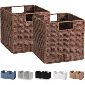 Vagusicc Wicker Storage Basket, Set of 2 Hand-Woven Storage Baskets for Shelves, Foldable Cube Storage Baskets Bins with Handles, 9 inch Small Wicker Baskets for Organizing Pantry Bedroom, Brown