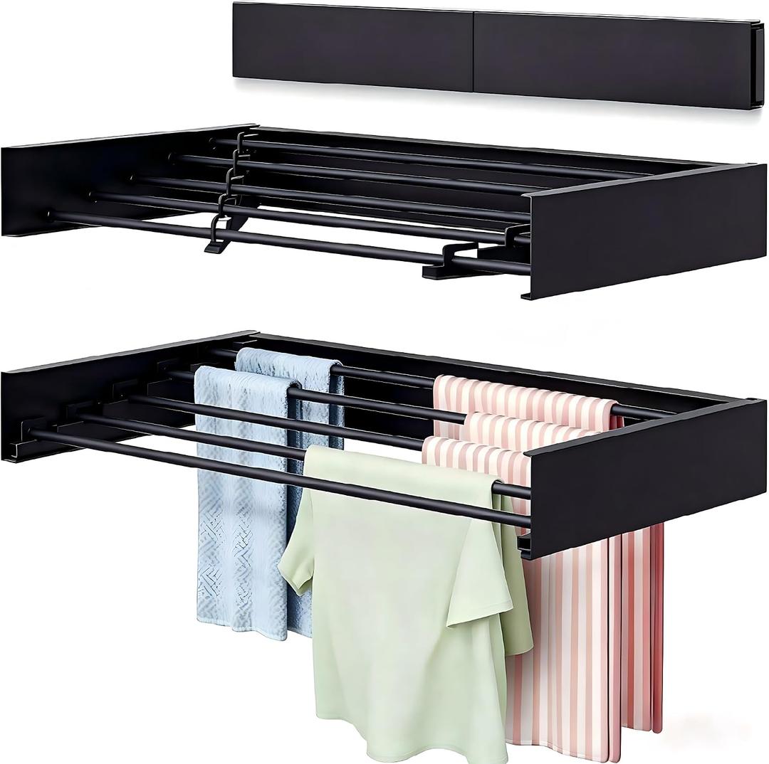 Wall Mounted Laundry Drying Rack, Carbon Steel Foldable & Retractable Clothes Drying Rack, Space Saving Adjustable Towel Holder for Bathroom, Laundry, Small Spaces (1, Black, 80cm), 31.5"